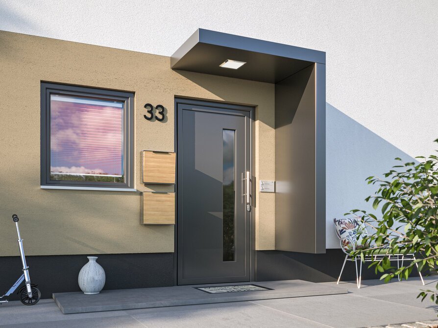 Detailsansicht auf den überdachten Eingangsbereich des Einfamilienhauses Flair 180 Duo in der Variante Trend