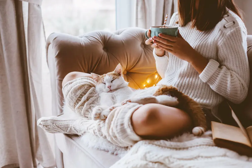 Wohnen-Einrichten-Hygge-2 Frau mit Katze auf Sessel