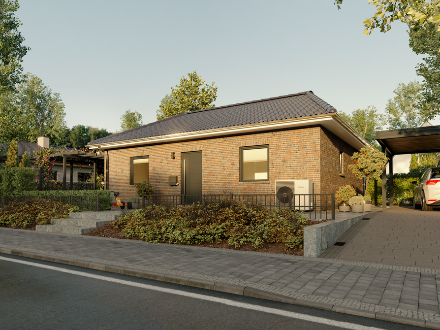 Bungalow 78 in verklinkerter Ausführung mit dunklem Walmdach, gepflegter Vorgartenanlage, Carport und gepflastertem Zugang zur Haustür.